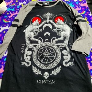 🦇KILLSTAR🦇- Women's Oversized Tee with print, Large, 3/4 Sleeves, Gray Denim